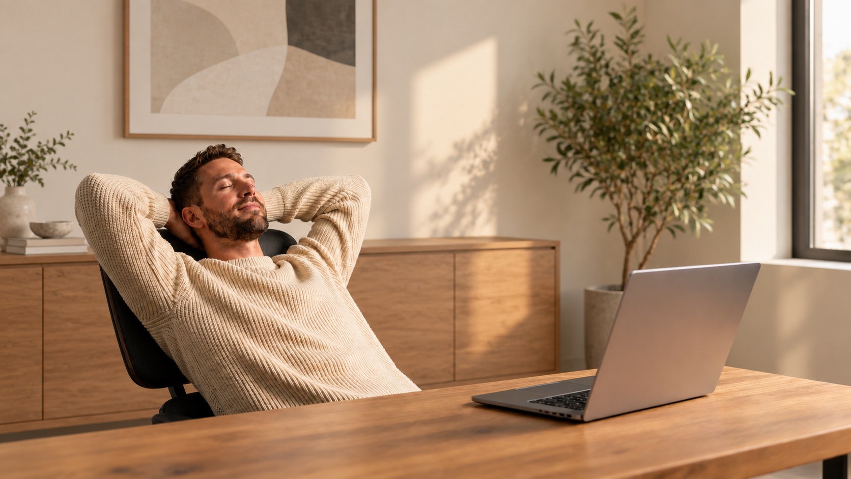 A business owner relaxing at his desk in a sunlit office.