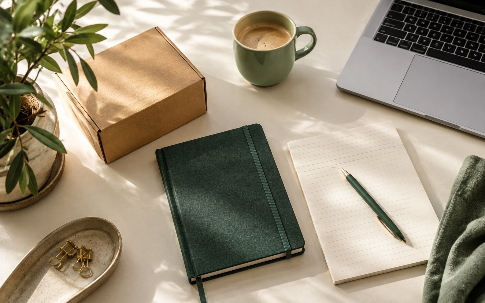 A green notebook, laptop and parcel on a sunlit desk